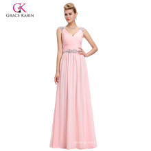 Grace Karin Cheap Sleeveless V-Neck Chiffon Pink Long Prom Dress GK000065-1